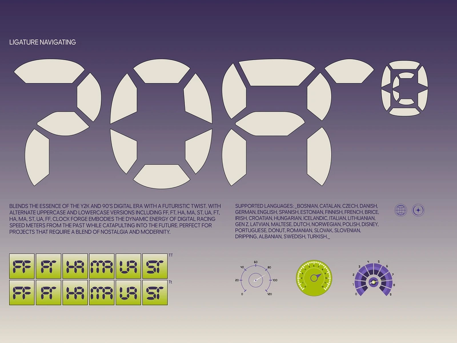 Ligature navigating typeface with geometric forms, speedometer dials, plus language support details on purple background