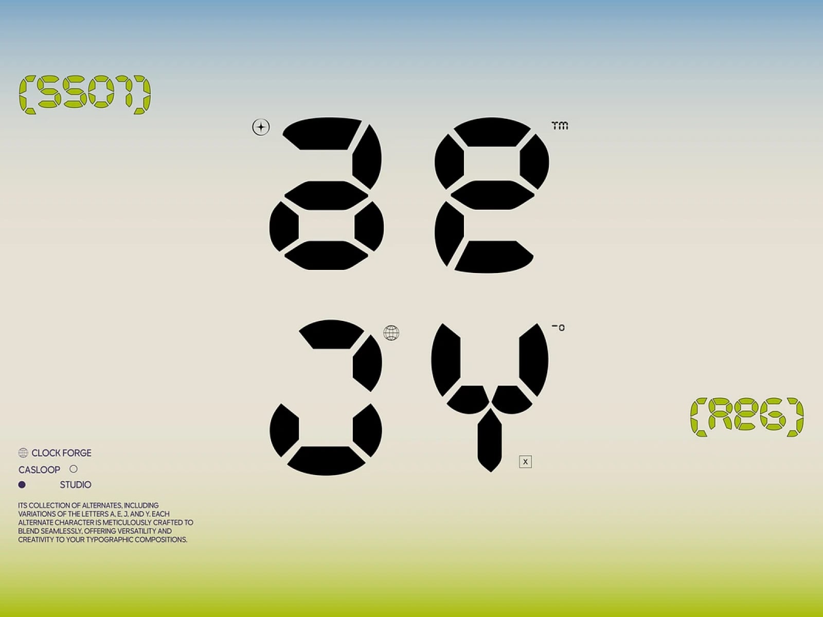 Casloop geometric typeface showing bold segmented numbers with alternates on gradient background