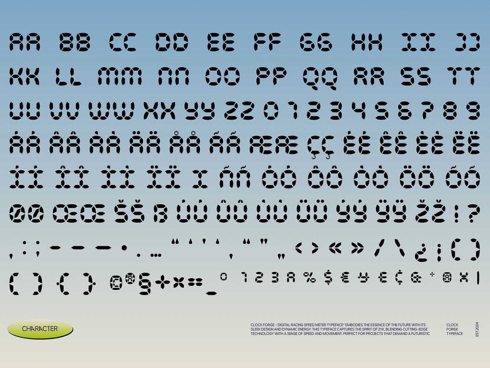 Digital LED typeface with segmented characters, numbers, symbols on blue gradient background