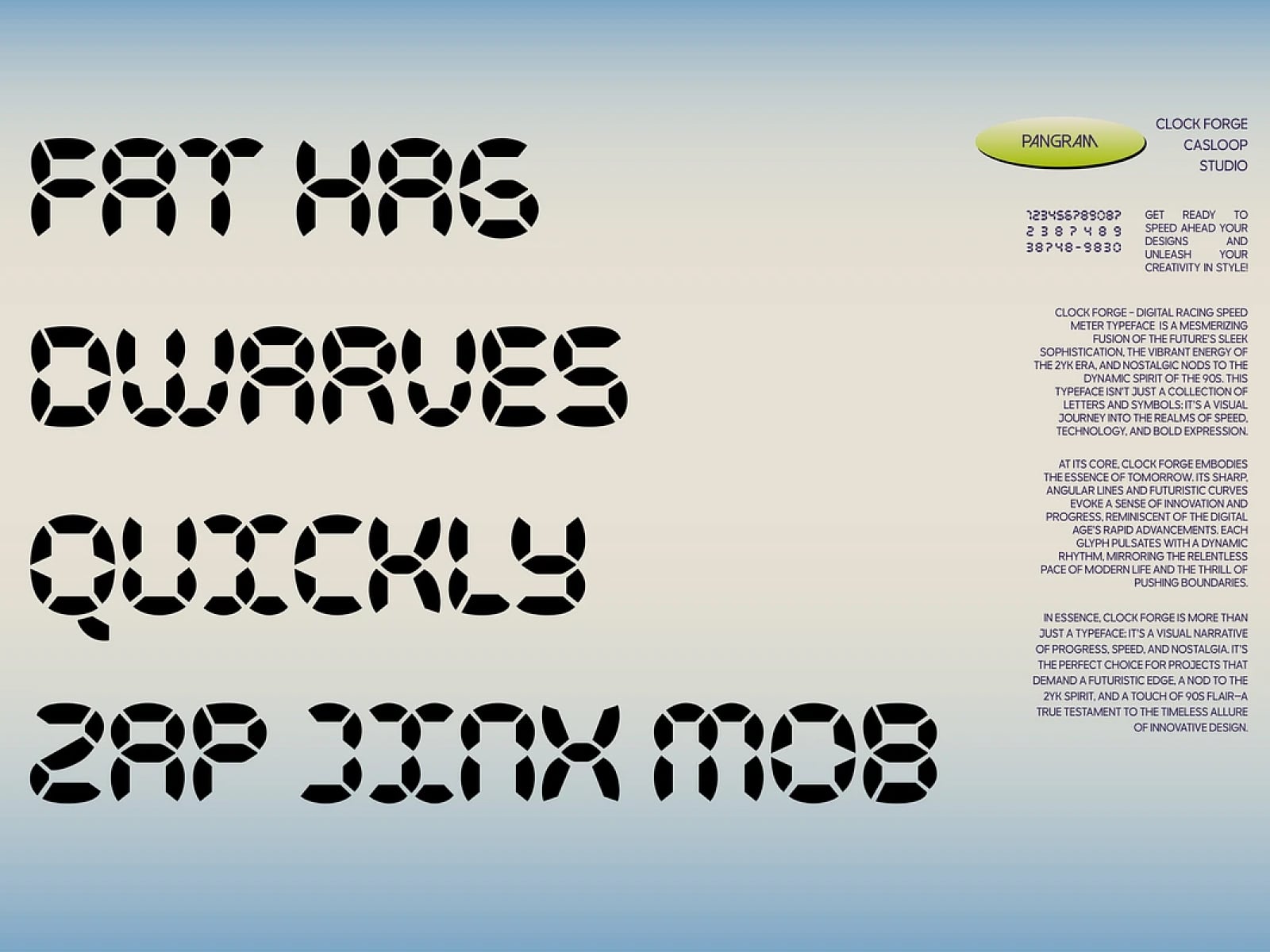Clock Forge digital racing speed meter typeface with futuristic segmented letterforms