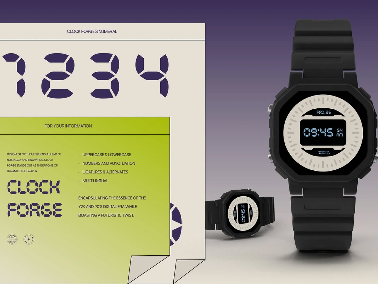 Clock Forge's Numeral font displayed on digital watch mockups with retro Y2K vibes
