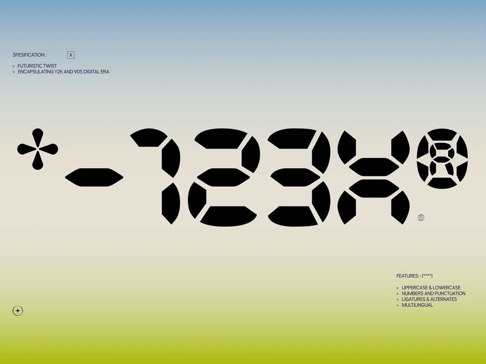 Futuristic geometric typeface with bold modular shapes on gradient sky to lime background