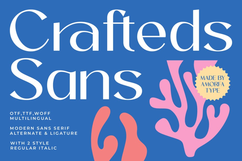 Crafted Sans typeface display with organic shapes in coral, pink, blue on bright blue background
