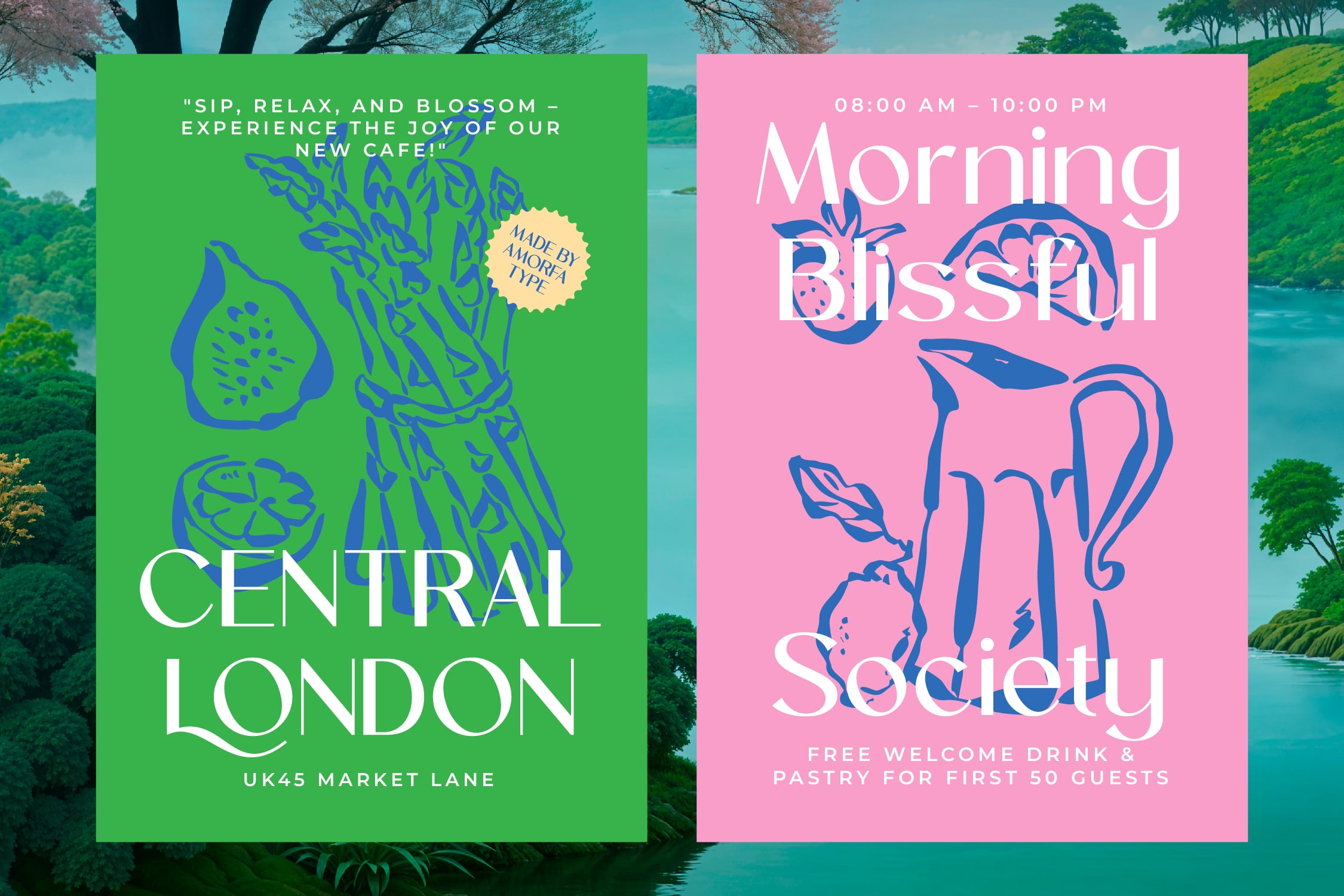 Vibrant cafe posters with botanical illustrations, green plus pink layouts promoting London brunch spots