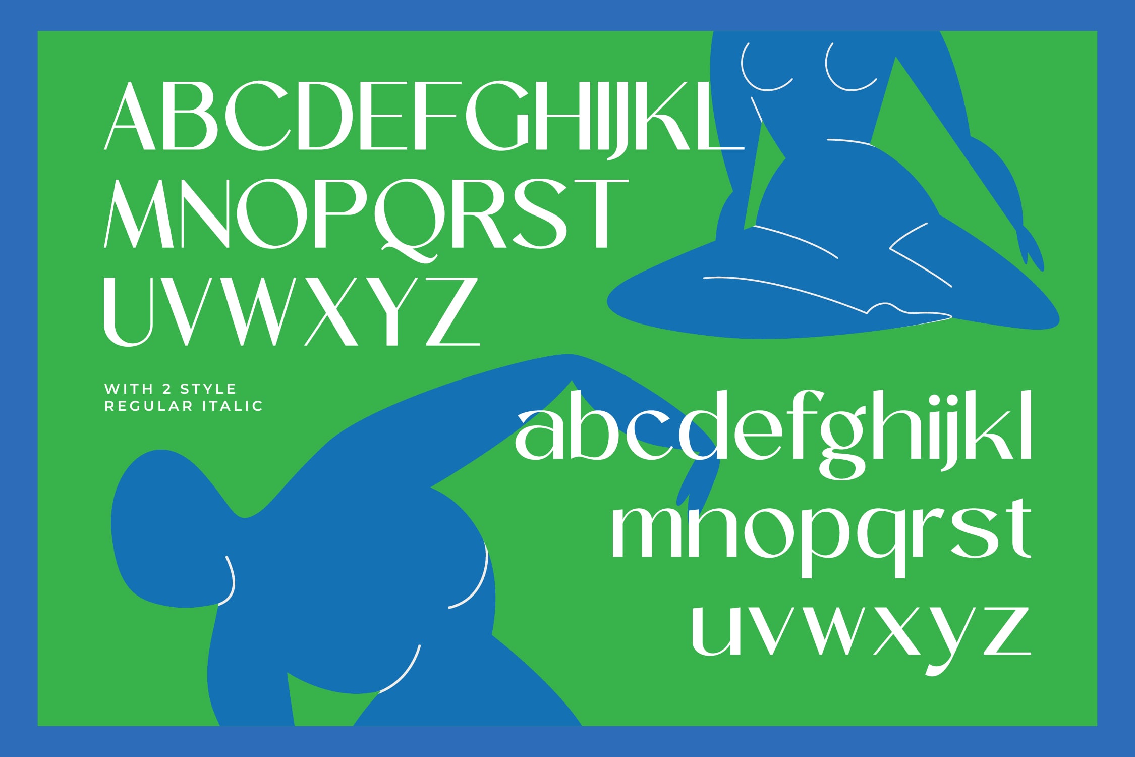 Elegant serif font with regular italic styles displayed on bright green background with blue abstract shapes