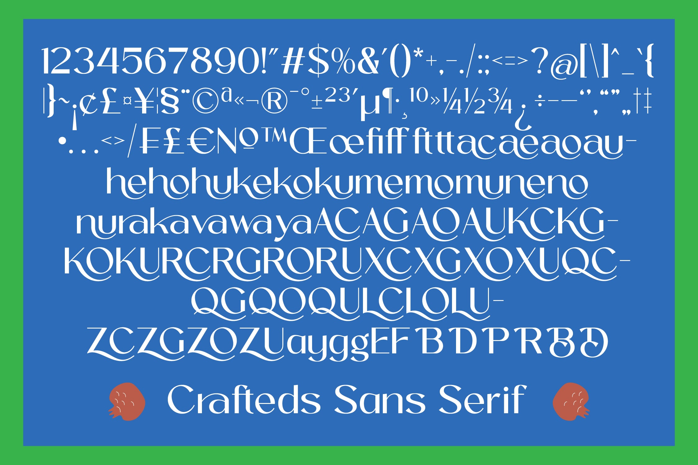 Crafteds Sans Serif font preview showing full character set on bright blue background