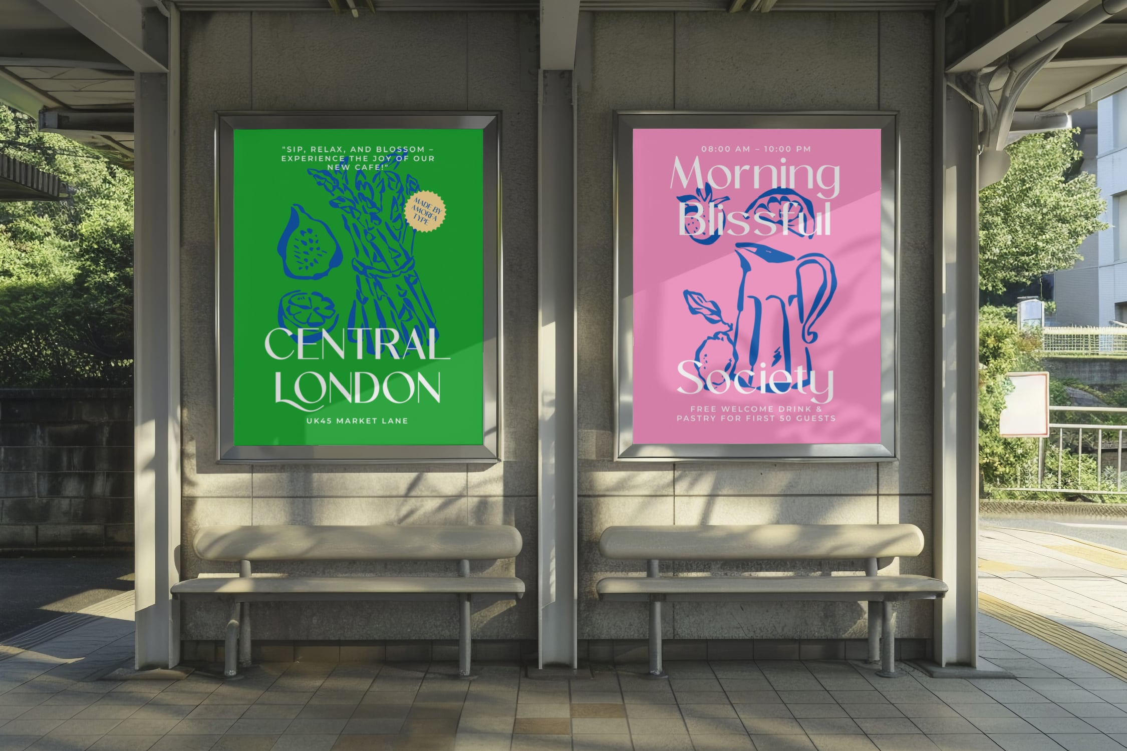 Bus shelter mockup showing vibrant green café poster on left, pink morning brunch poster on right with botanical illustrations