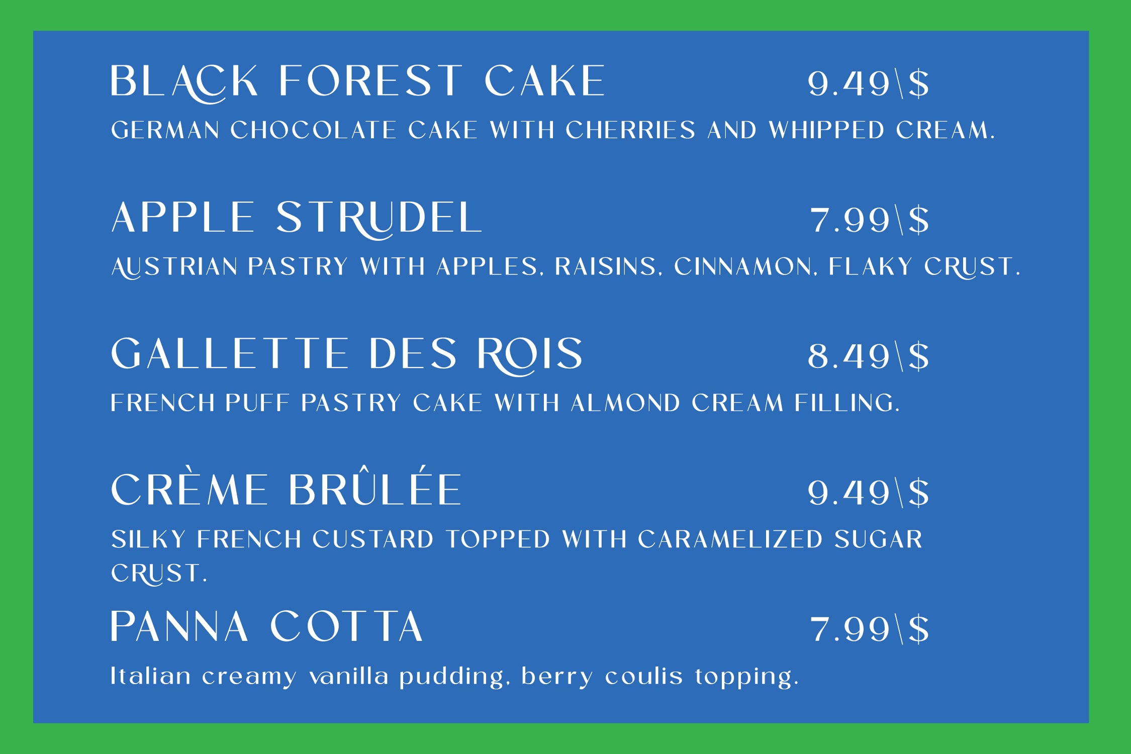 Dessert menu mockup with five European pastries on bright blue background with pricing