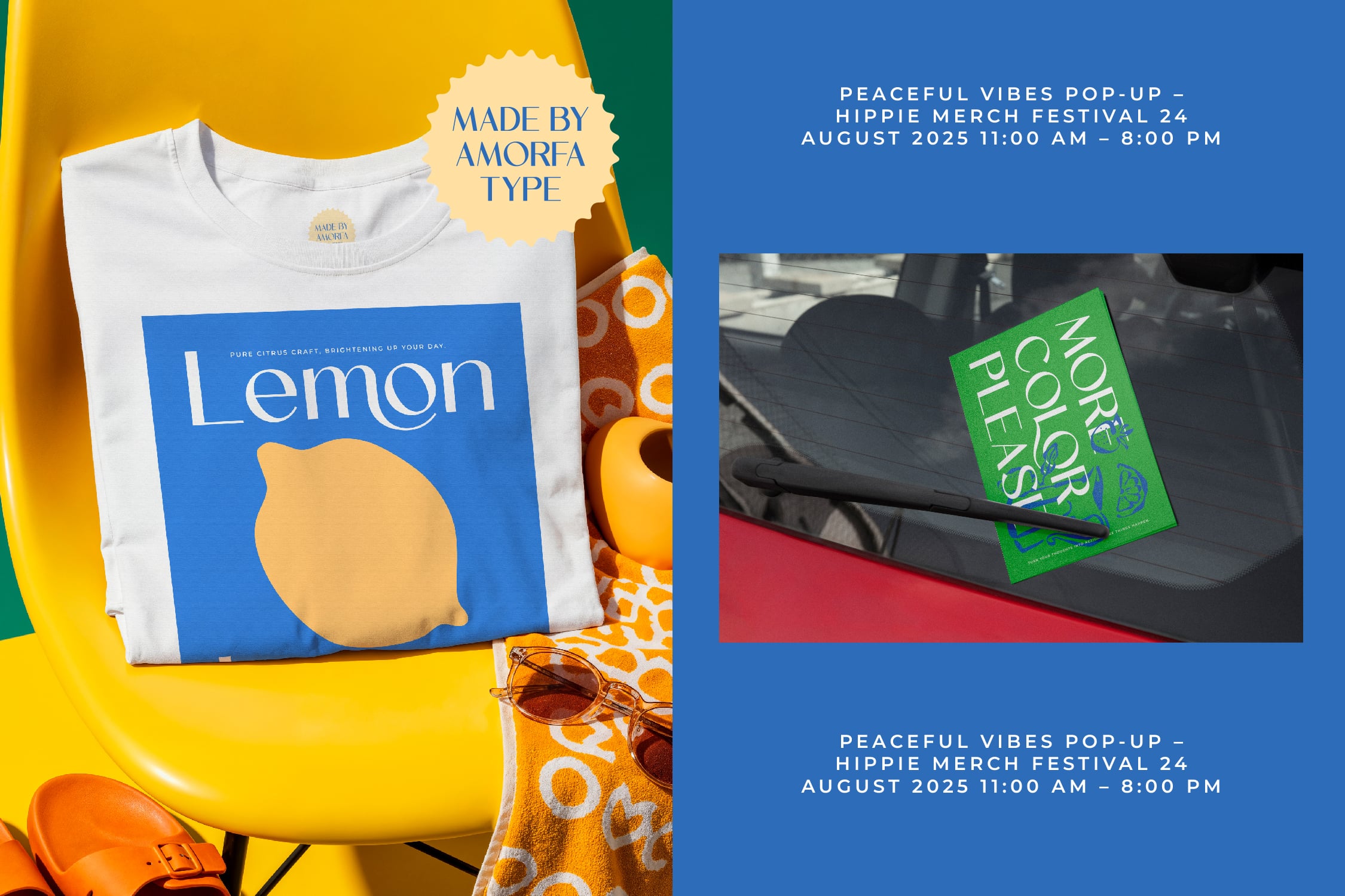 Folded white tee with blue lemon graphic next to green festival flyer on black bag