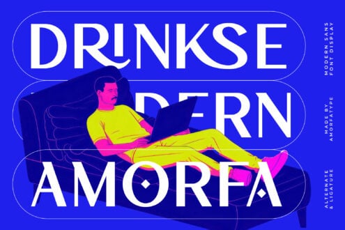 Bold neon poster with guy lounging in yellow outfit on electric blue background