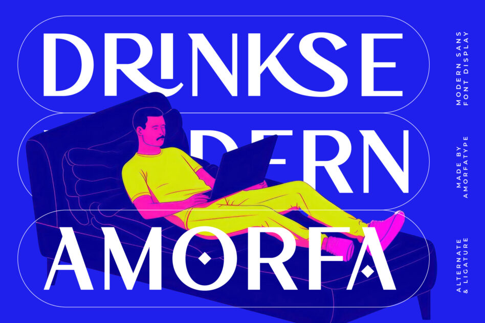Bold neon poster with guy lounging in yellow outfit on electric blue background