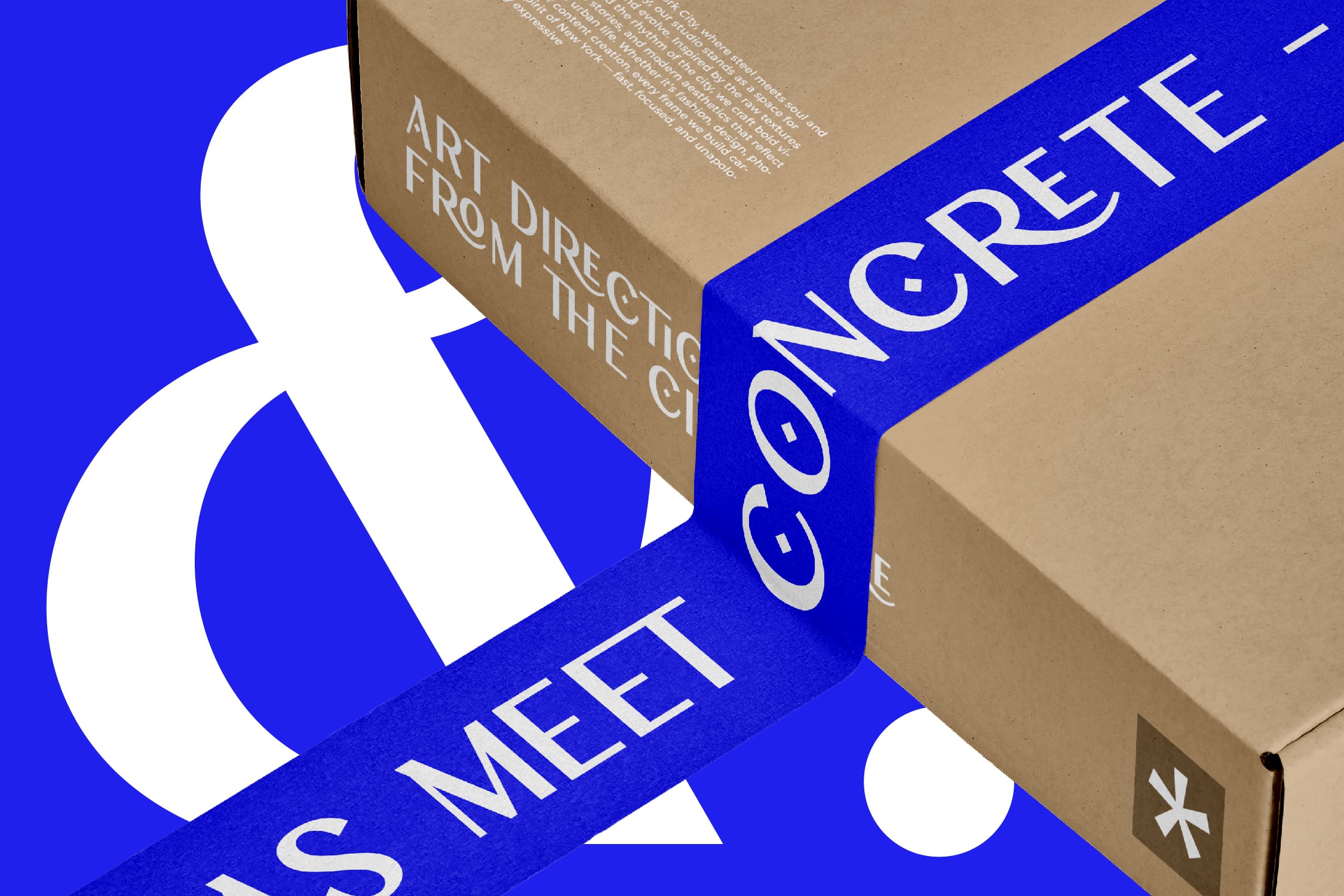 Box mockup with kraft cardboard on cobalt blue background, geometric shapes wrapping around