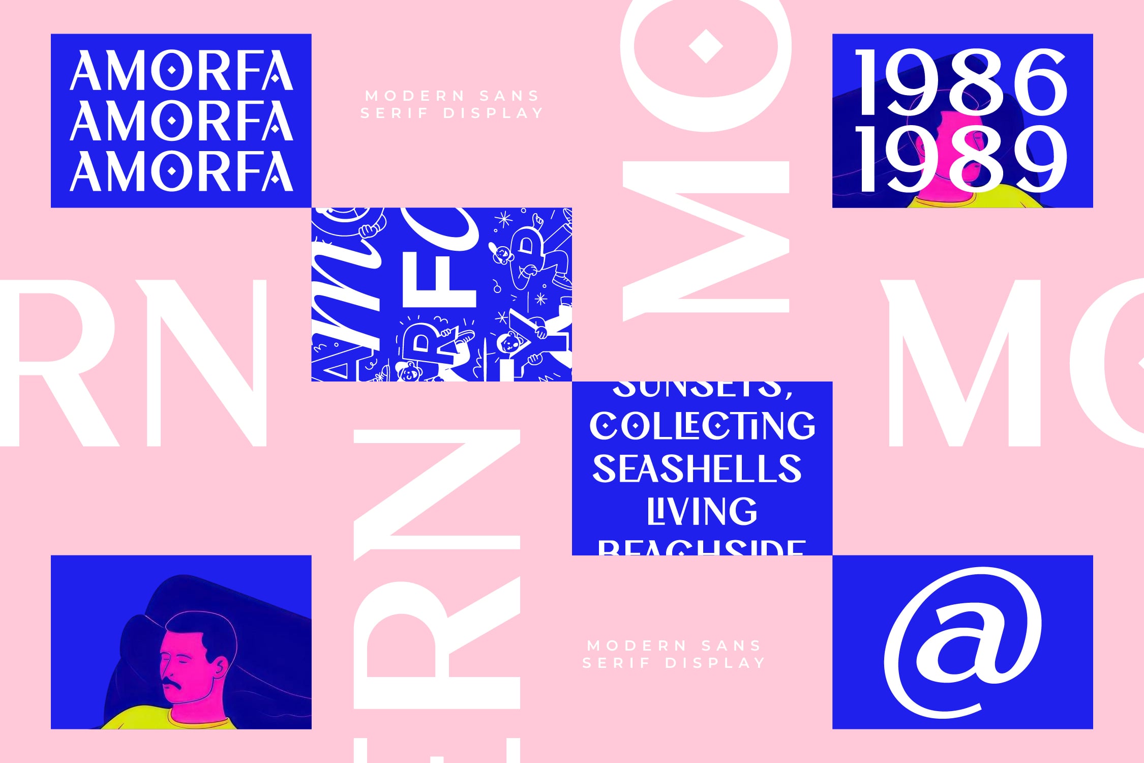 Vibrant mood board with bold blue boxes, pink background, retro typography layouts
