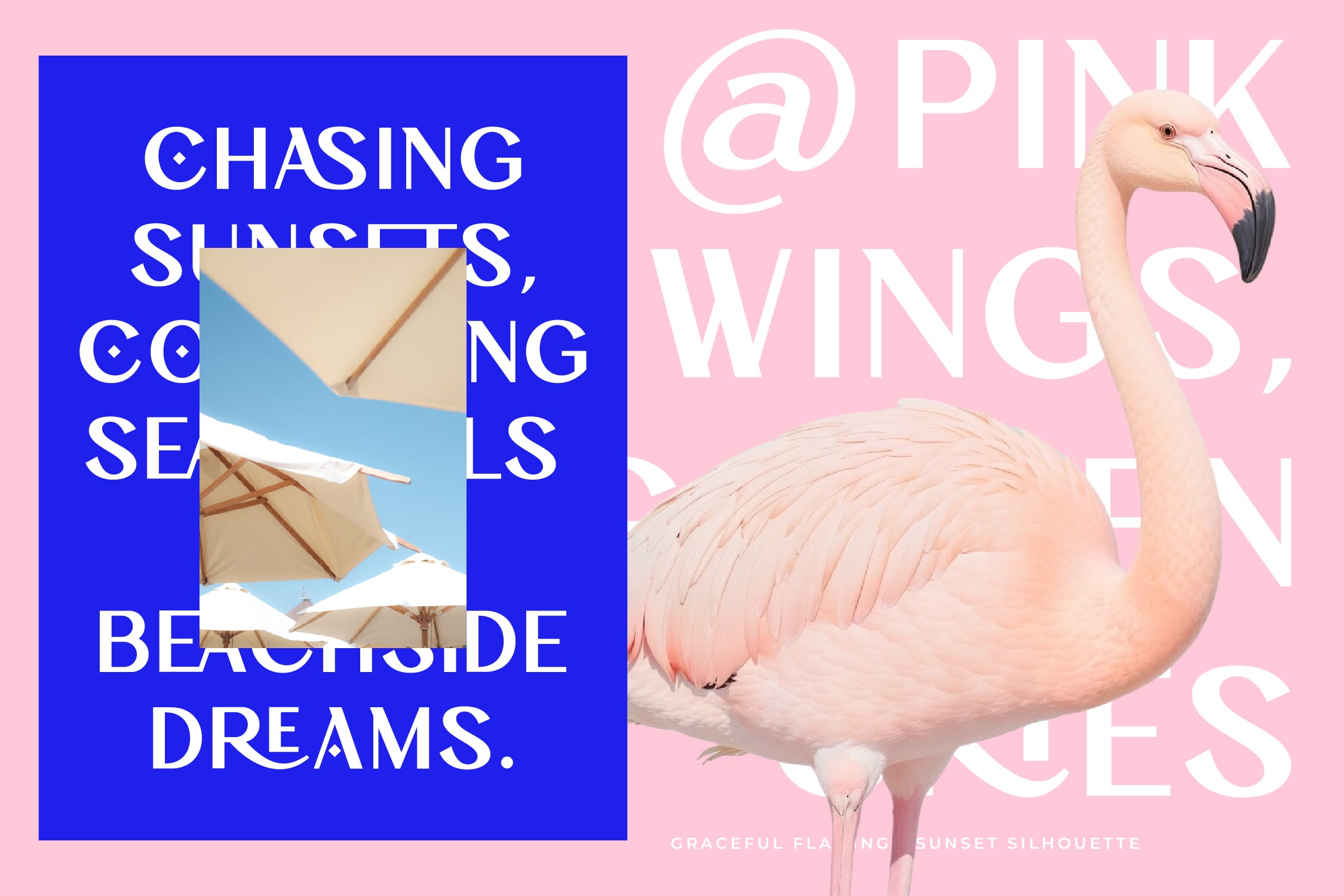 Pink flamingo with beach umbrellas, bold blue text on bright background mockup