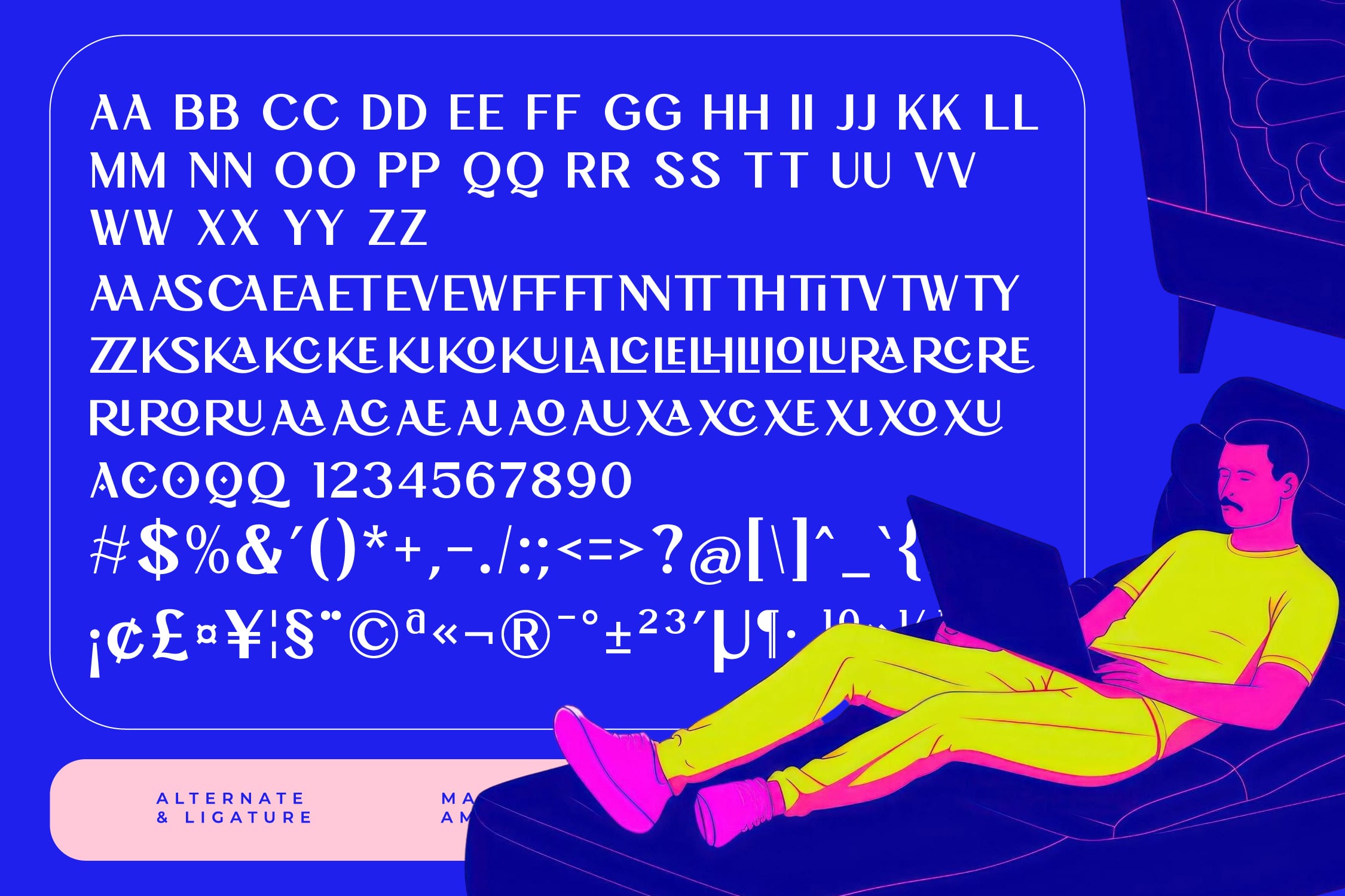 Bright blue font specimen sheet showing full character set with neon illustration of relaxed guy in yellow shirt
