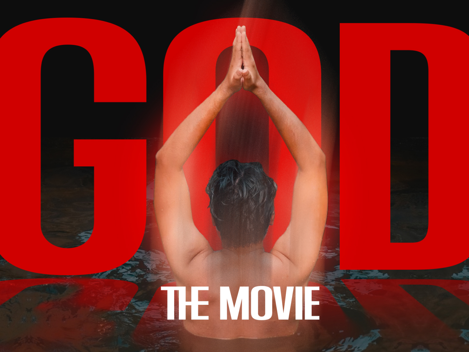 Person in yoga pose centered between bold red geometric letters on black background