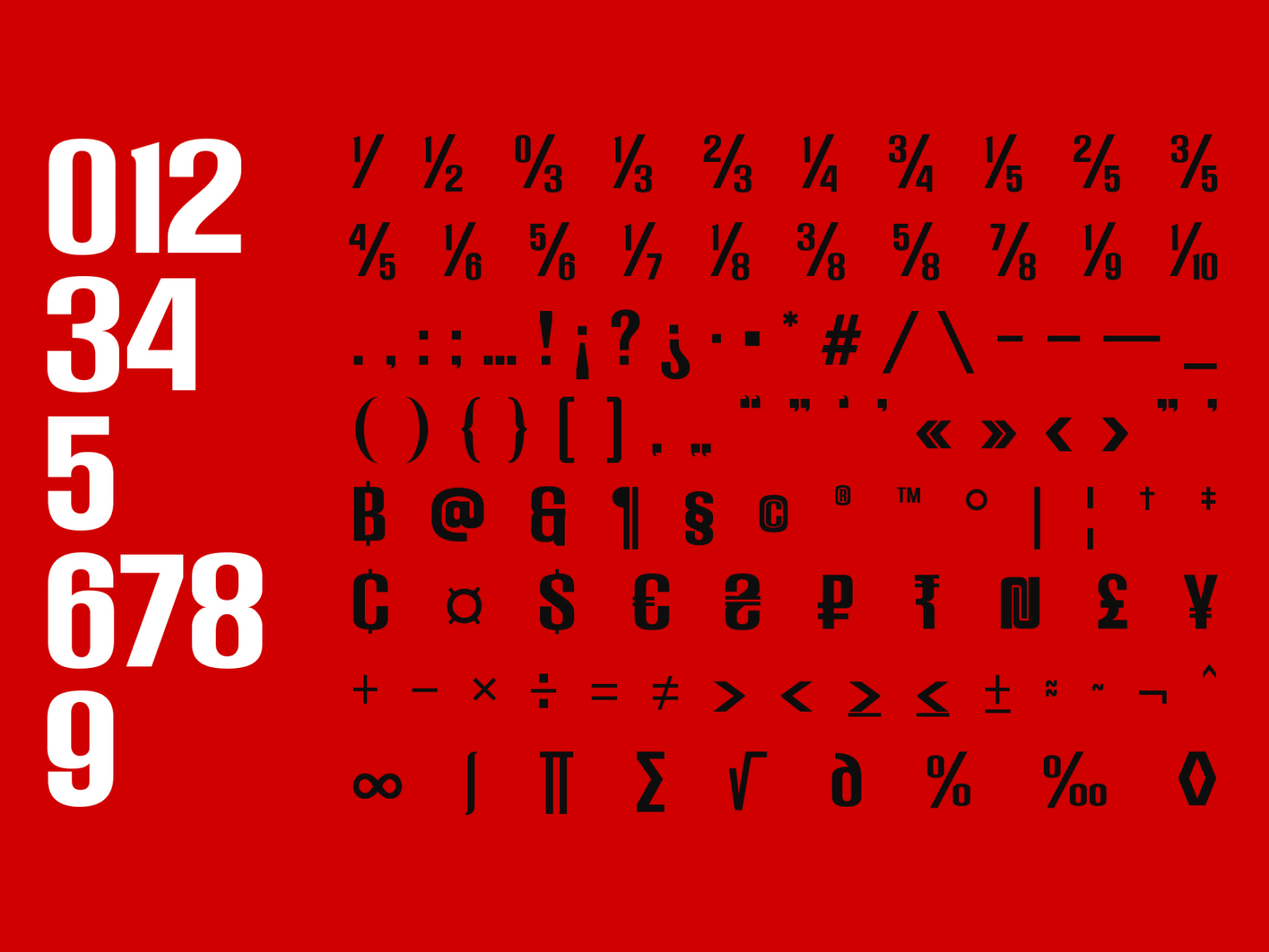 Comprehensive typeface character set showing fractions, punctuation, currency symbols, mathematical operators on bright red background