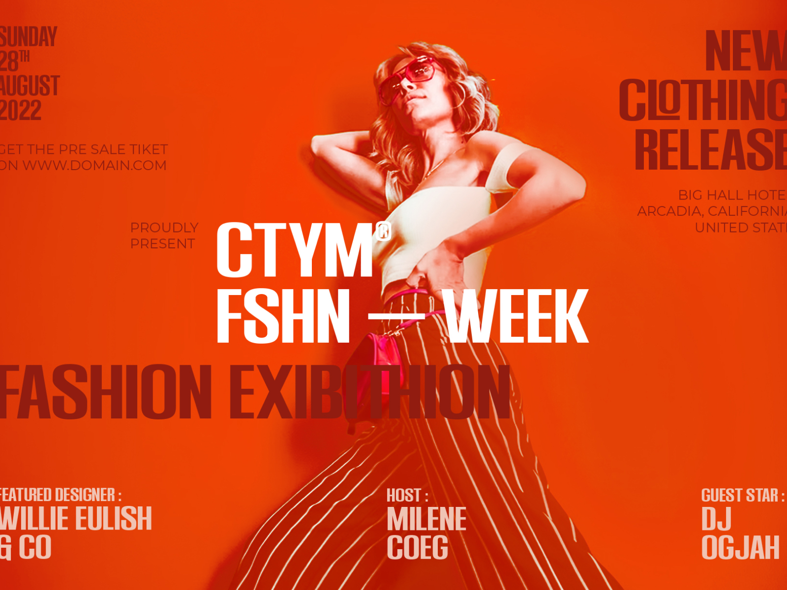 Bright red fashion week poster with model in sunglasses, white crop top, red pinstriped pants