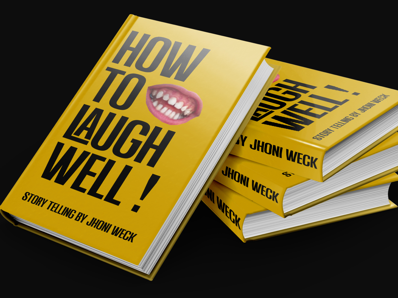 Stack of bright yellow books with "How to Laugh Well" title, pink mouth graphic, black text on cover