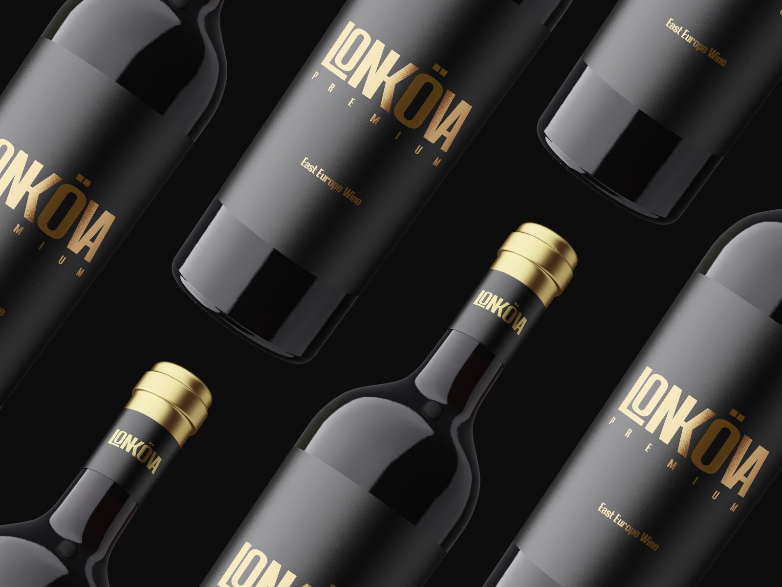 Luxury wine bottles with gold foil branding on black glass, angled layout on dark background