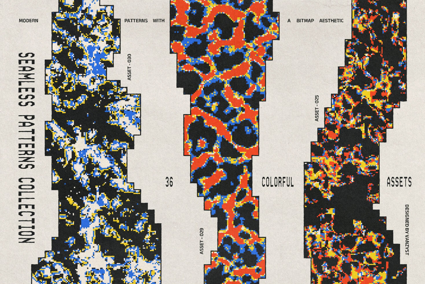 Seamless pixelated patterns in bold colors with retro 8-bit glitch vibes
