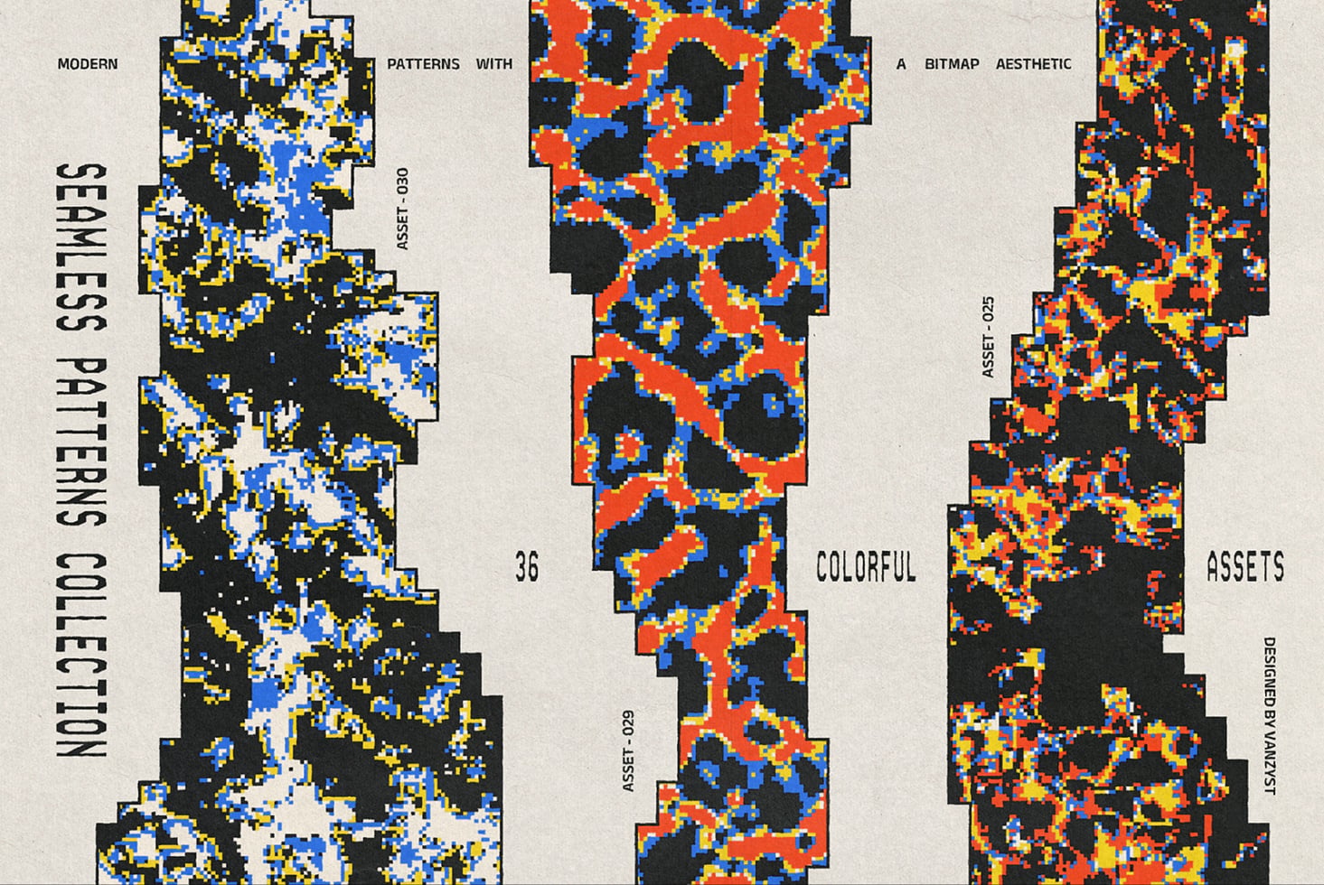 Seamless pixelated patterns collection with bold colors for retro digital designs
