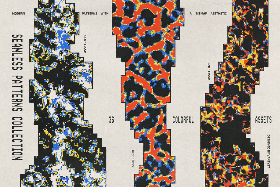 Seamless pixelated patterns collection with bold colors for retro digital designs