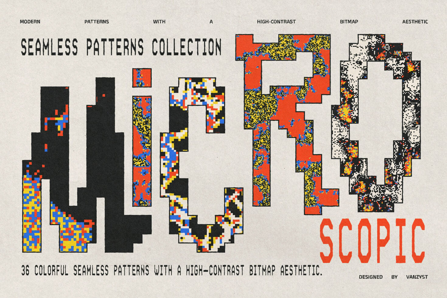 Scopic seamless patterns collection showing 36 colorful pixelated designs with bold bitmap shapes in red, yellow, blue on black.