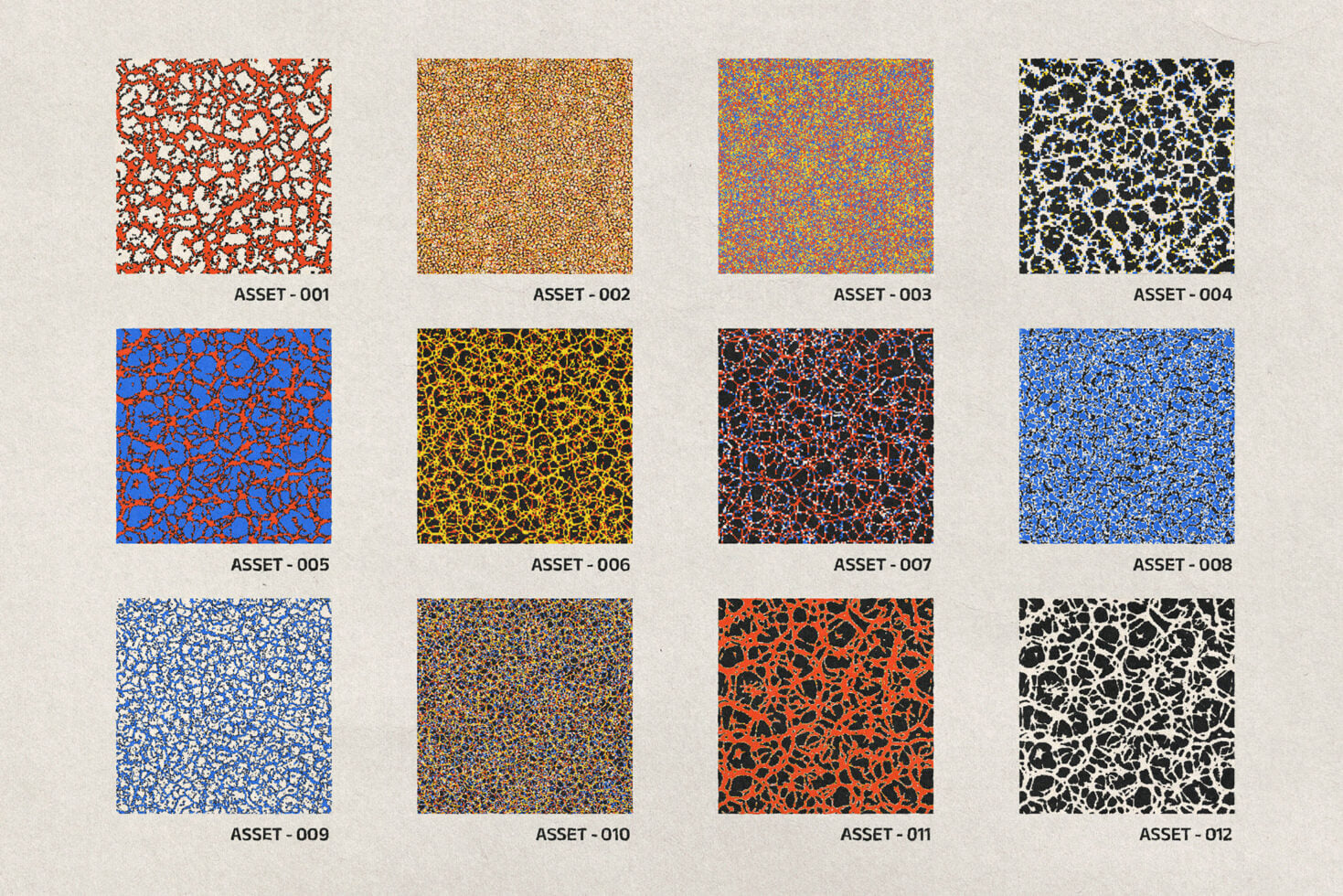 12 abstract texture patterns in bold colors with organic crackle, speckle, noise designs labeled asset 001 through 012