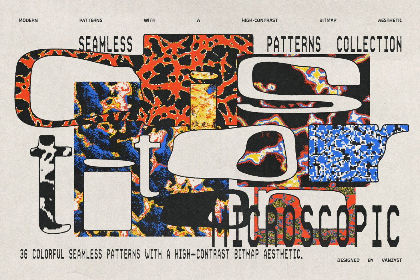 Colorful seamless patterns collection with pixelated bitmap textures, orange blue yellow geometric designs