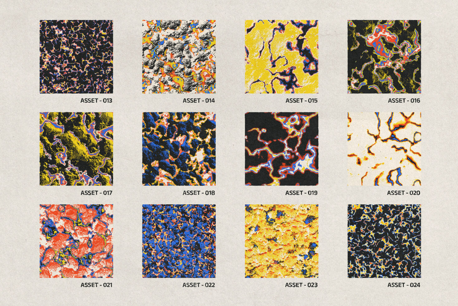 12 vibrant abstract texture swatches with neon outlines in bold yellows, blues, reds, oranges on dark backgrounds