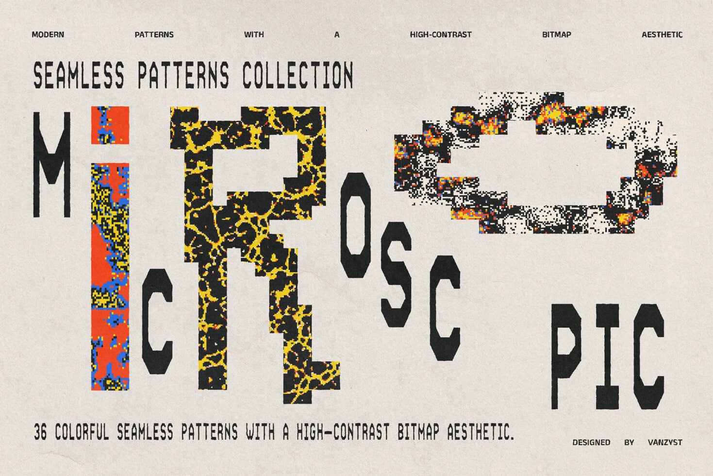 36 colorful seamless patterns with pixelated bitmap texture, bold typography layout on cream background