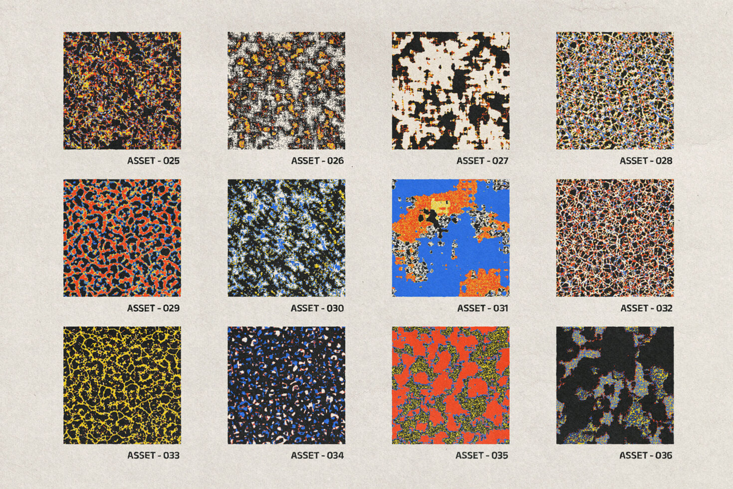 Grid of 12 abstract texture patterns with bold colors, noise, splotches in various combinations