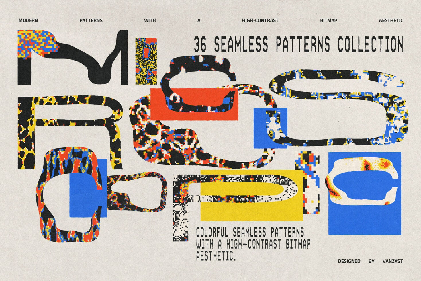 36 seamless patterns with bold pixel textures, bright colors, solid shapes clashing together