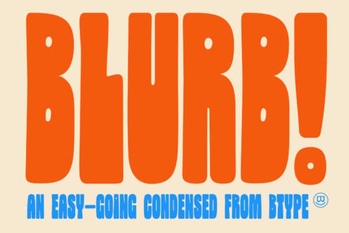 Bold orange sans serif font with rounded corners on cream background, blue tagline below