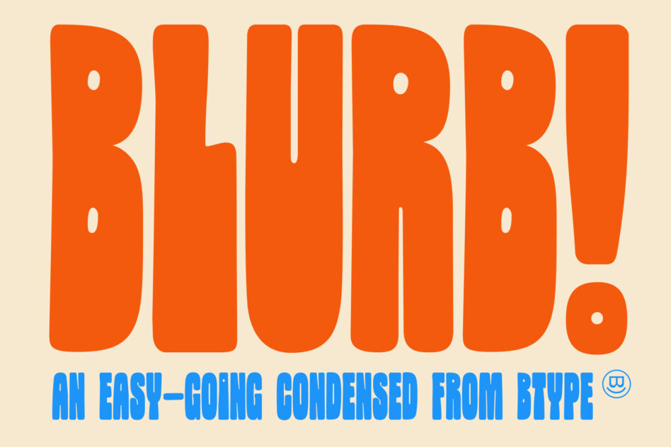 Bold orange sans serif font with rounded corners on cream background, blue tagline below