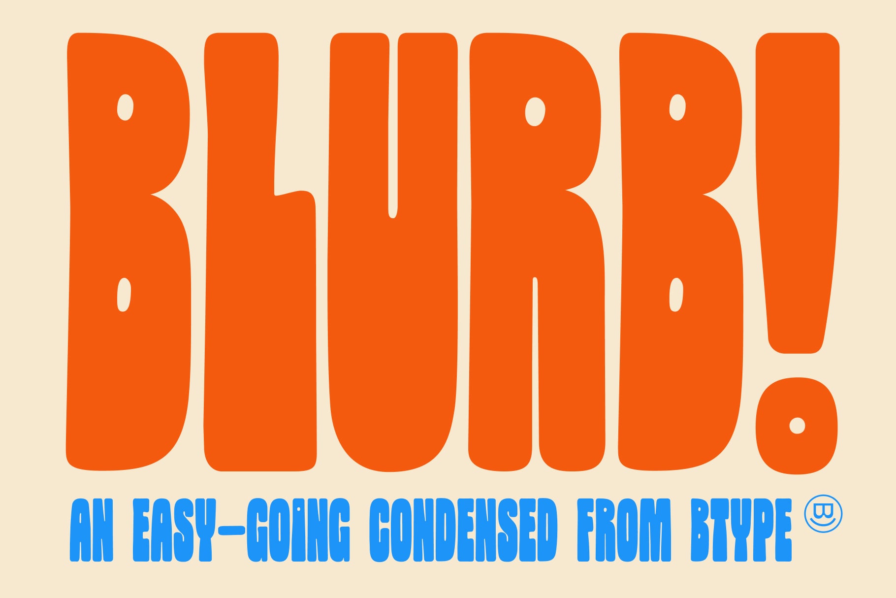 Bold orange sans serif font with rounded corners on cream background, blue tagline below