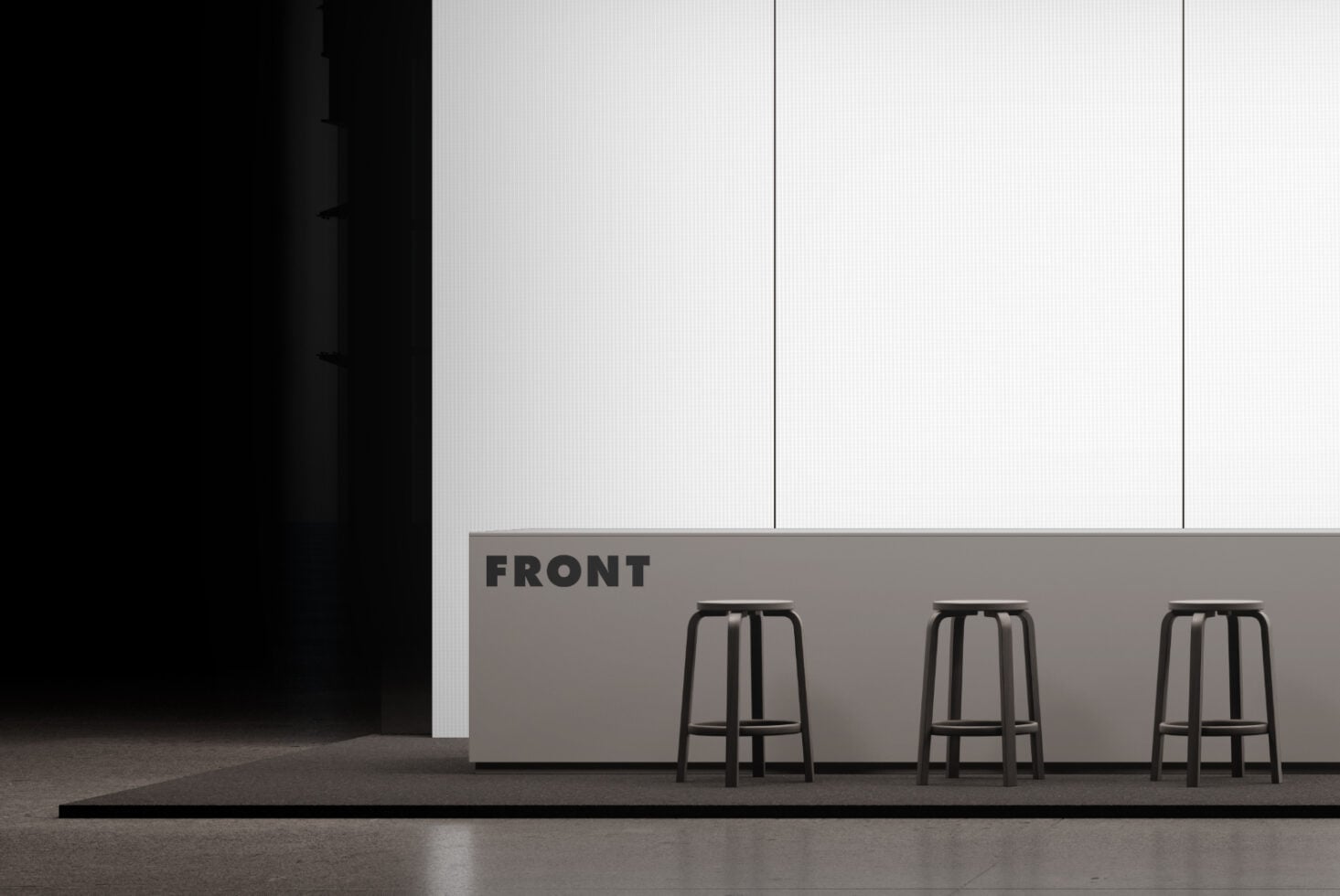 Modern storefront mockup with three black bar stools lined up against gray counter labeled front