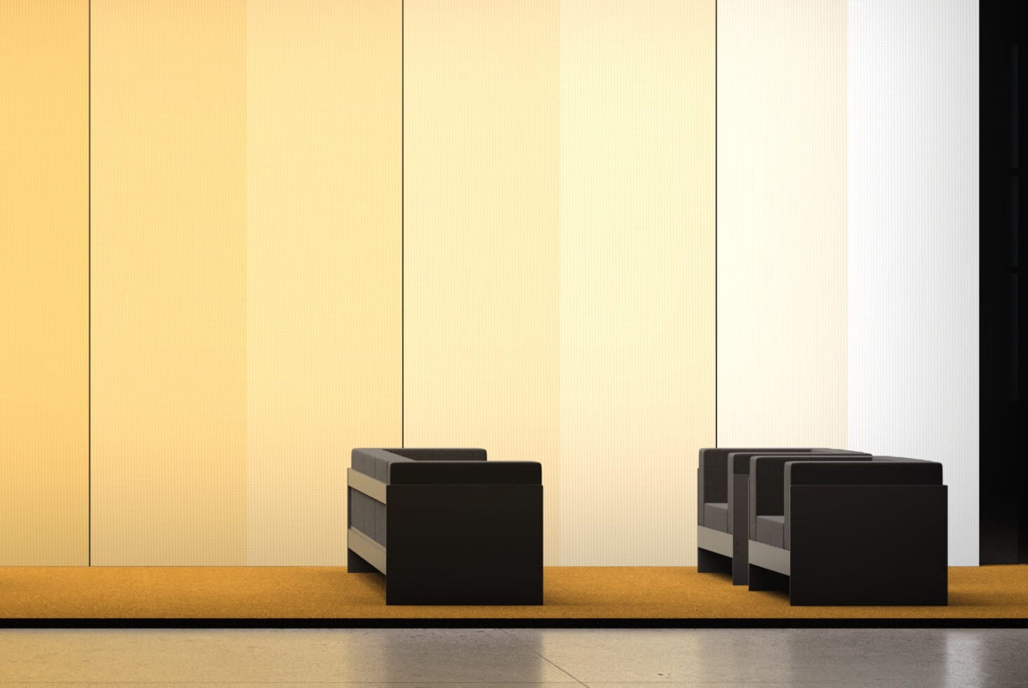 Modern lounge seating mockup with minimalist chairs against yellow paneled wall