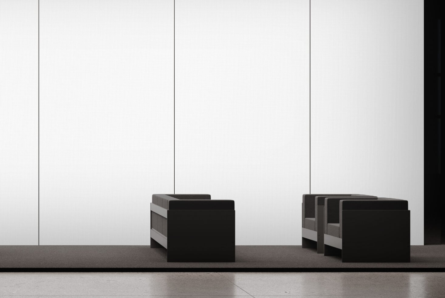 Modern minimalist interior with black lounge seating in empty gallery space