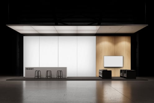 Modern retail storefront mockup with blank panels, wood accent wall, monitor display, stools