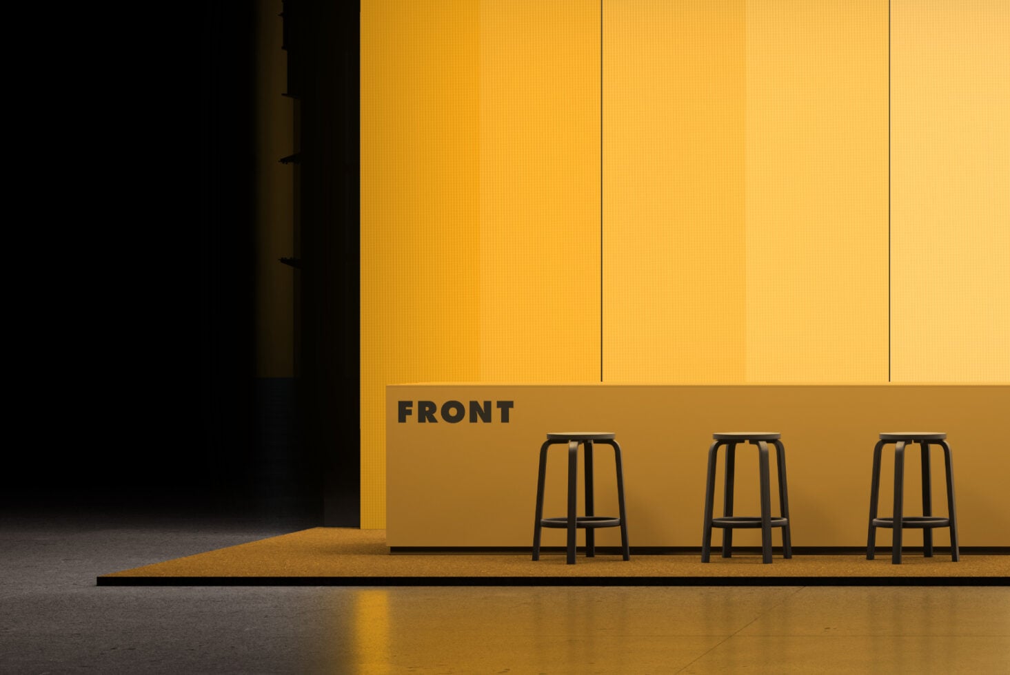 Minimalist storefront mockup with mustard yellow panels, three black bar stools, concrete floor
