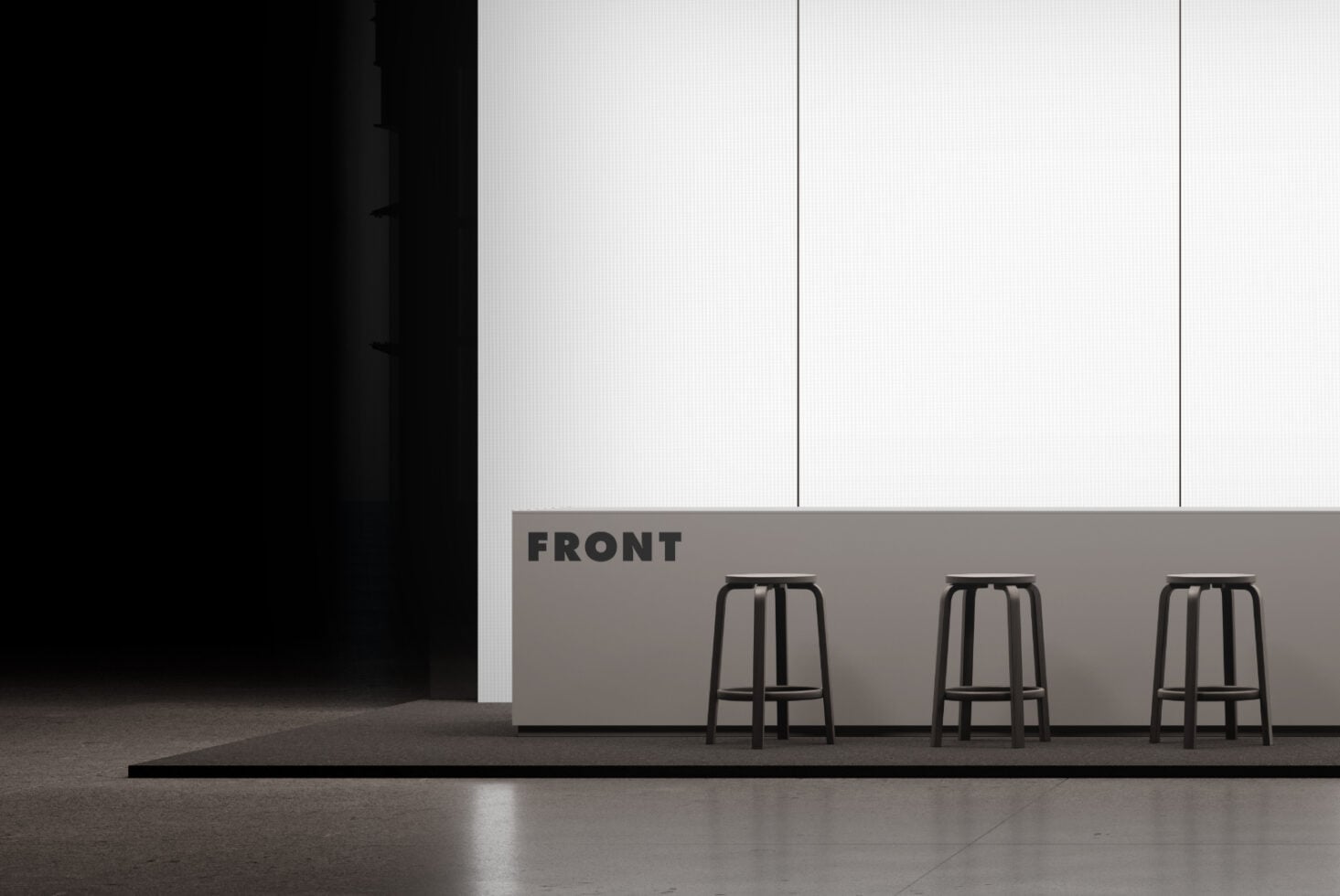 Modern bar counter mockup with three black stools in minimal storefront setting