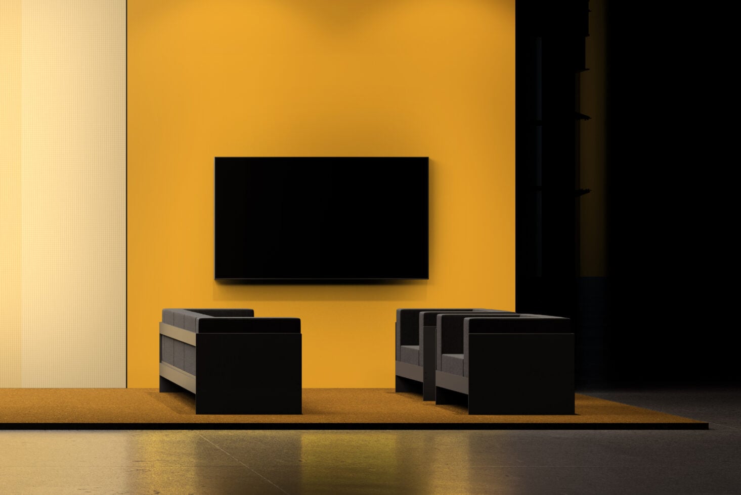 Minimalist living room mockup with wall mounted TV, black ottomans on golden yellow backdrop