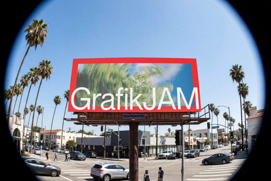 Billboard mockup on LA street with palm trees, red frame, customizable display area
