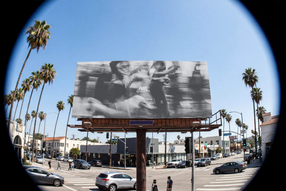Billboard mockup on LA street with palm trees, motion blur effect, bright sunny day
