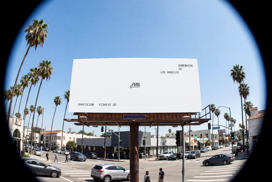 White billboard mockup on LA street with palm trees, fisheye lens view