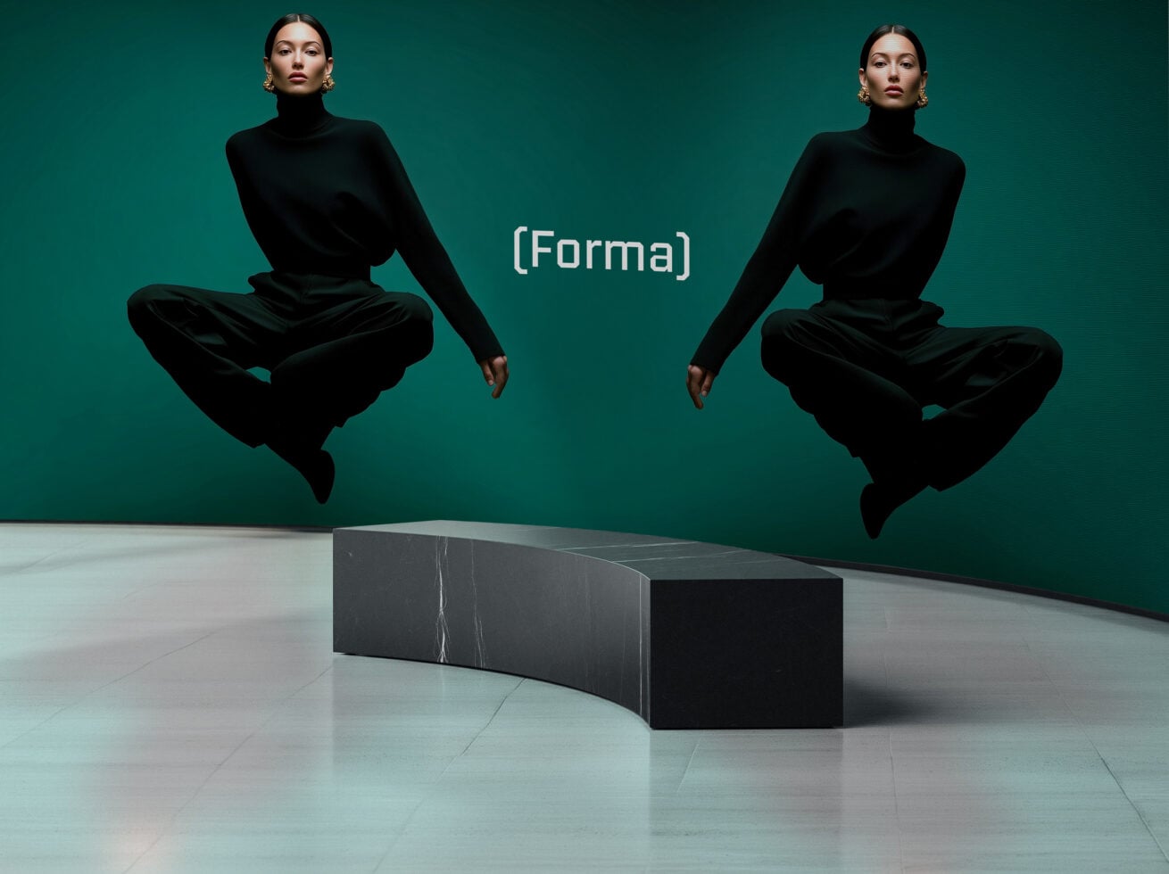 Two models in black turtlenecks floating above curved marble bench with Forma branding on teal backdrop