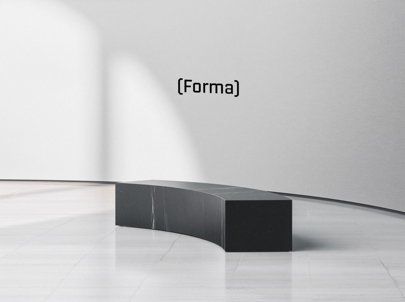 Curved black marble bench mockup in minimal gallery space with soft shadows