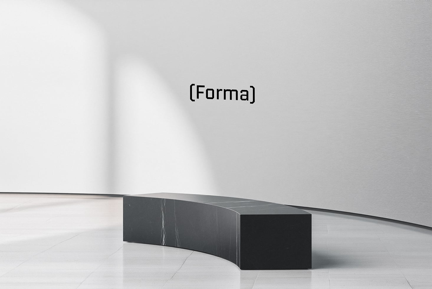 Curved black marble bench in minimal gallery space with Forma branding on wall